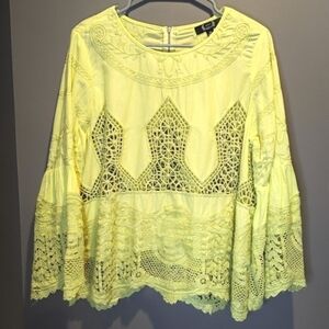 Yellow AZI Boho Embroidered Lacy Long Sleeve Top Oversized Fits XS - Medium